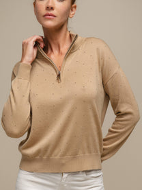 Maglione polo in maglia con zip e micro strass