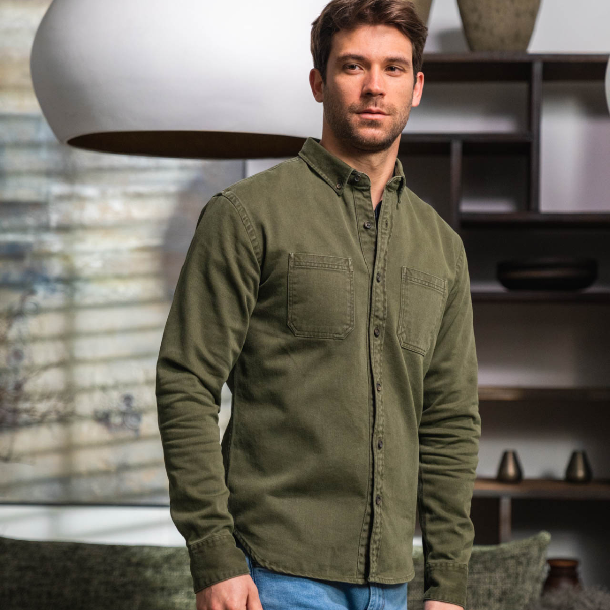 Camicia denim in cotone khaki