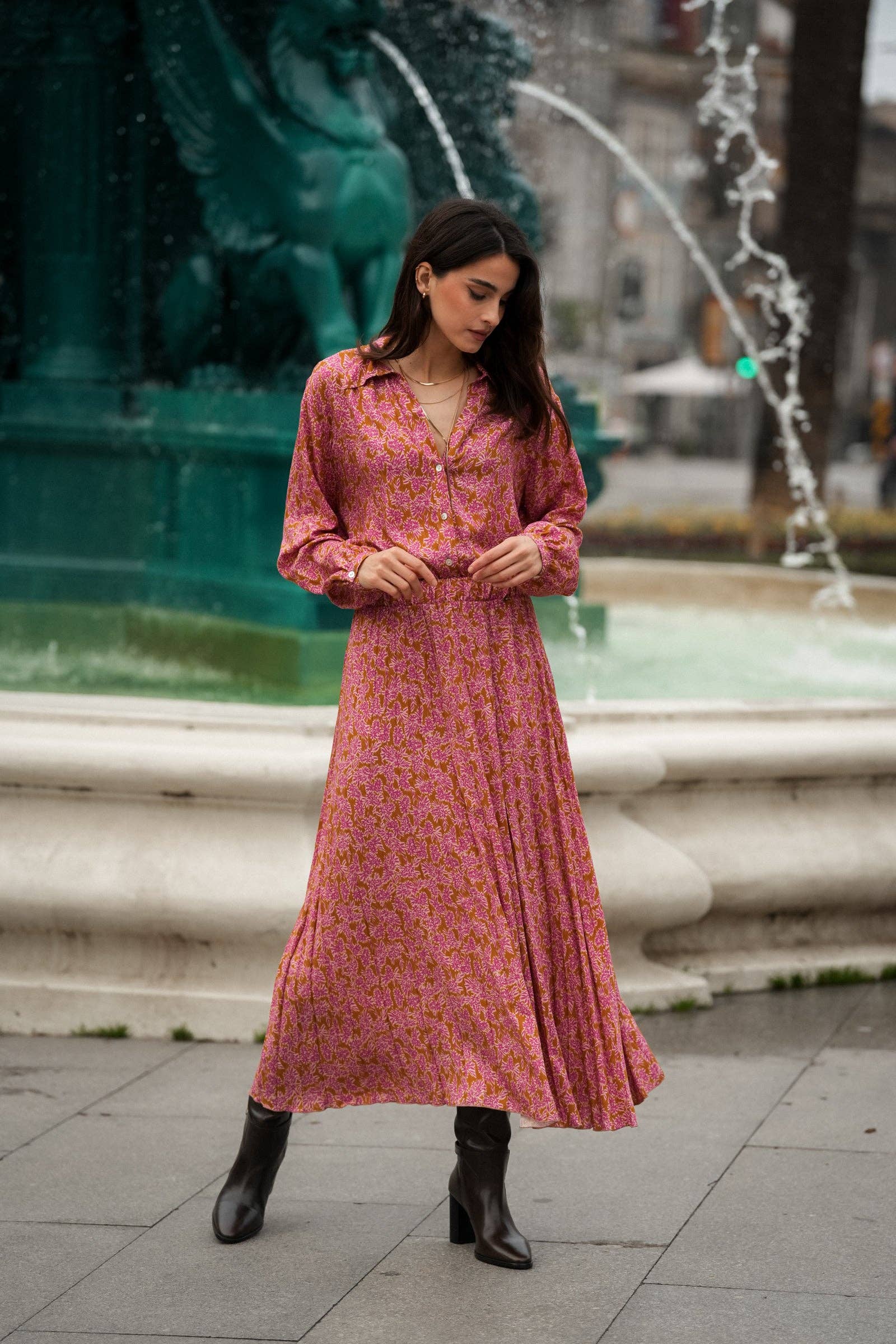 Gonna midi plissettata floreale in viscosa