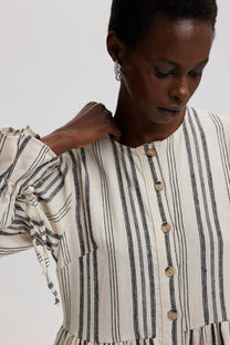 Abito chemisier maxi a righe in cotone con polsini arricciati