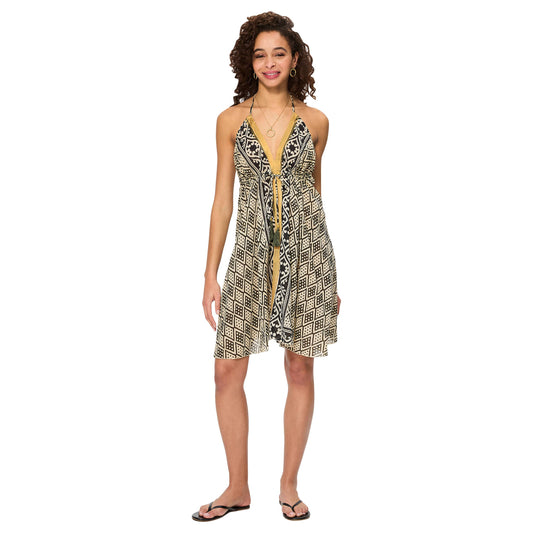 Vestito corto boho in cotone con scollo all’americana