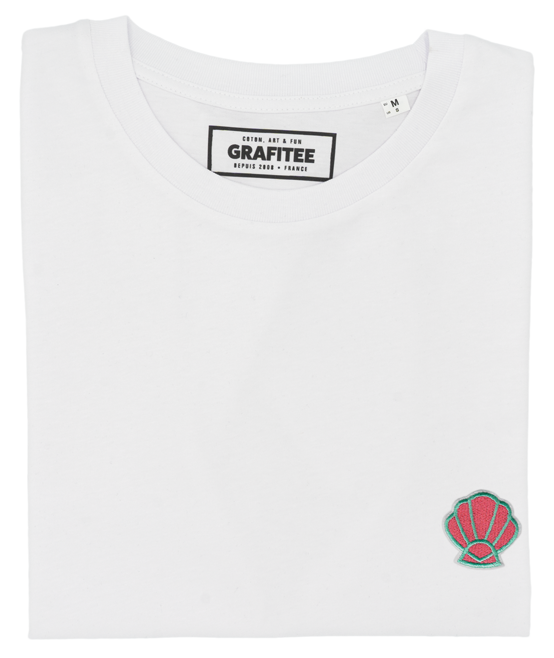 T-shirt bianca in cotone biologico con patch conchiglia ricamata