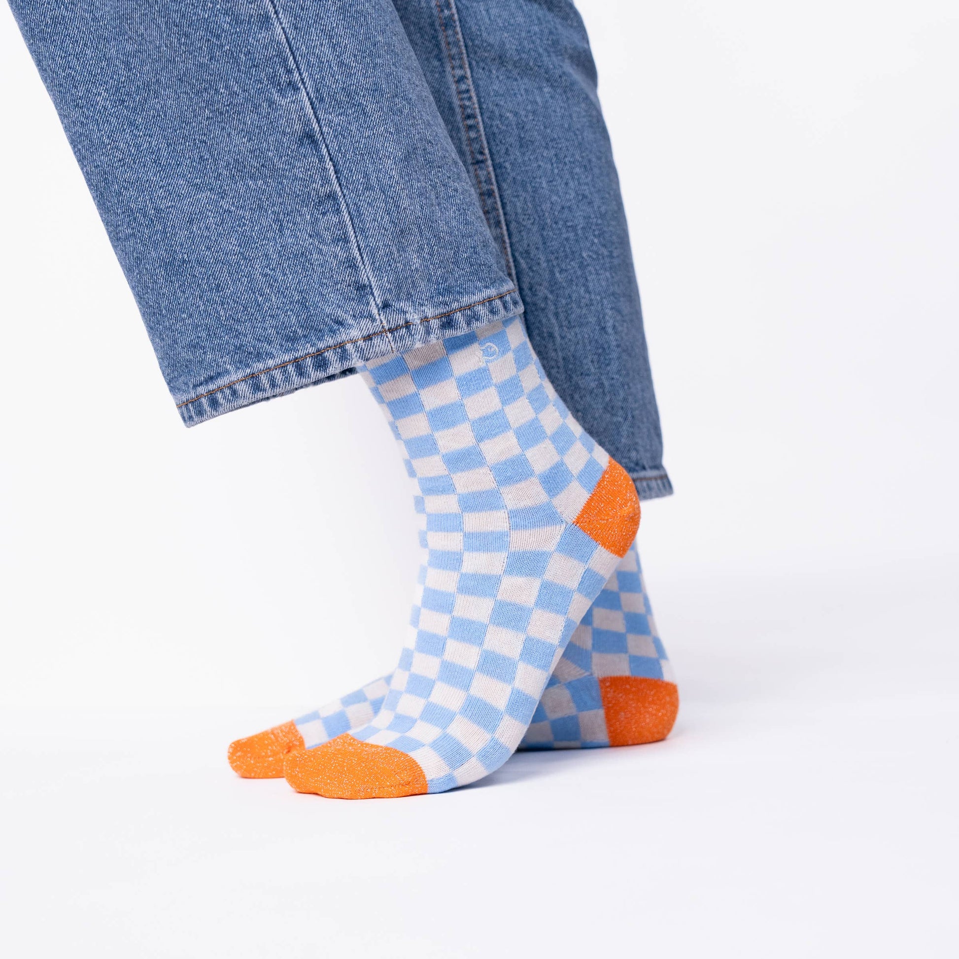 Calzini a quadri in cotone pettinato azzurro e beige