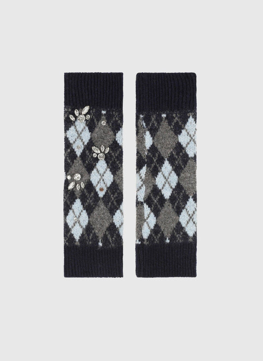 Guanti Fazina blu marino in cashmere con motivo a rombi