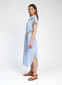 Abito chemisier midi a righe blu con ricami