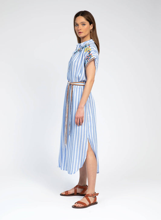 Abito chemisier midi a righe blu con ricami