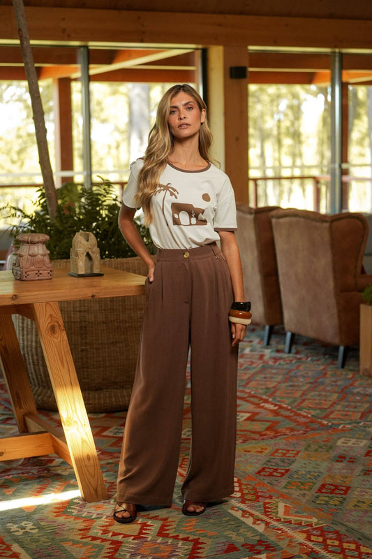 Pantaloni palazzo in misto lino da donna