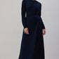 Abito lungo blu navy con drappeggio e cintura