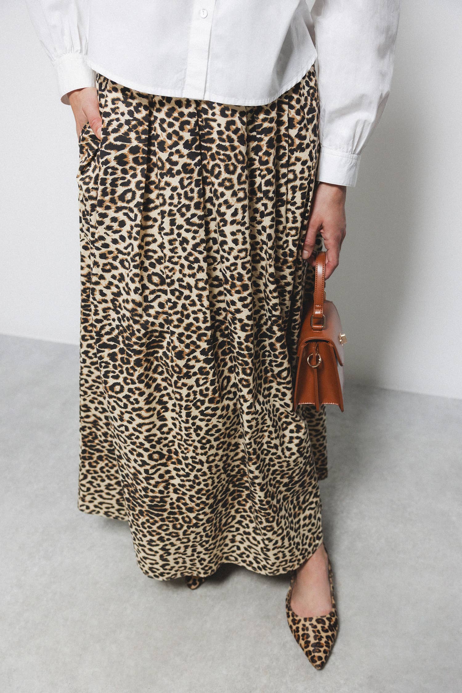 Gonna midi animalier plissettata in cotone