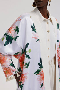Kimono lungo con frange e stampa floreale
