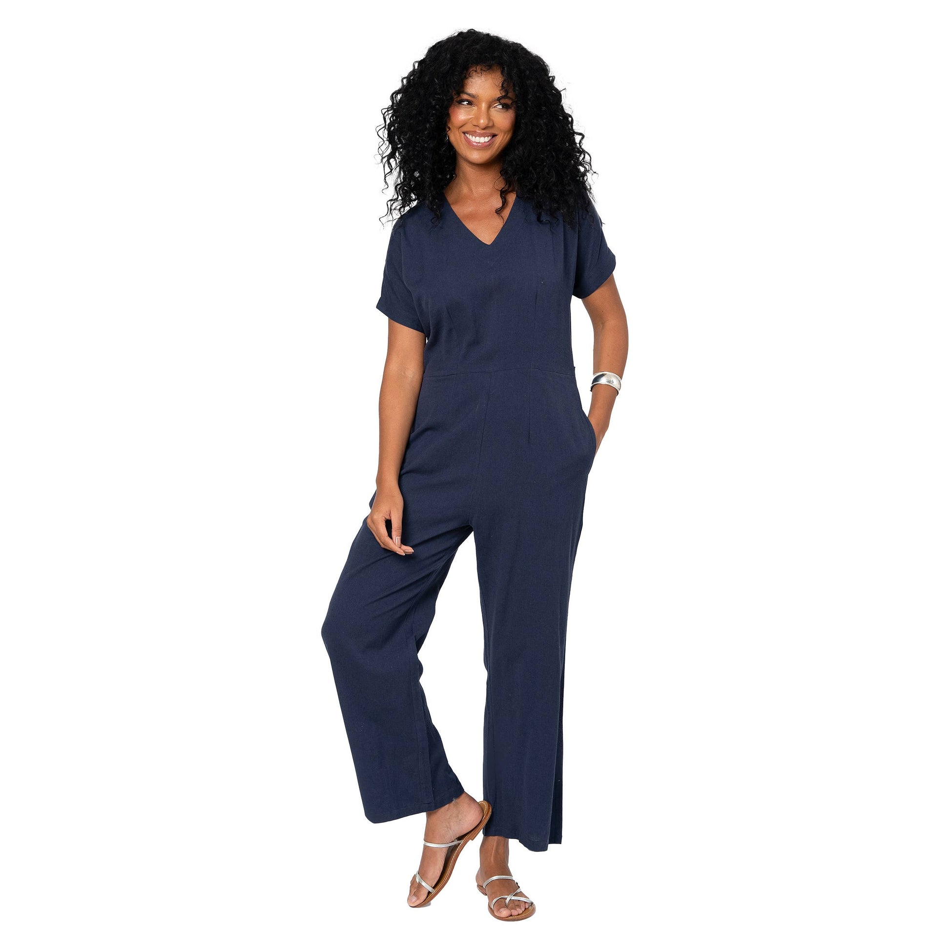 Tuta estiva blu navy in cotone e lino con scollo a V
