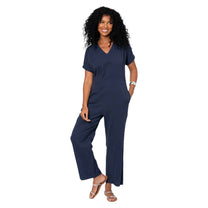 Tuta estiva blu navy in cotone e lino con scollo a V