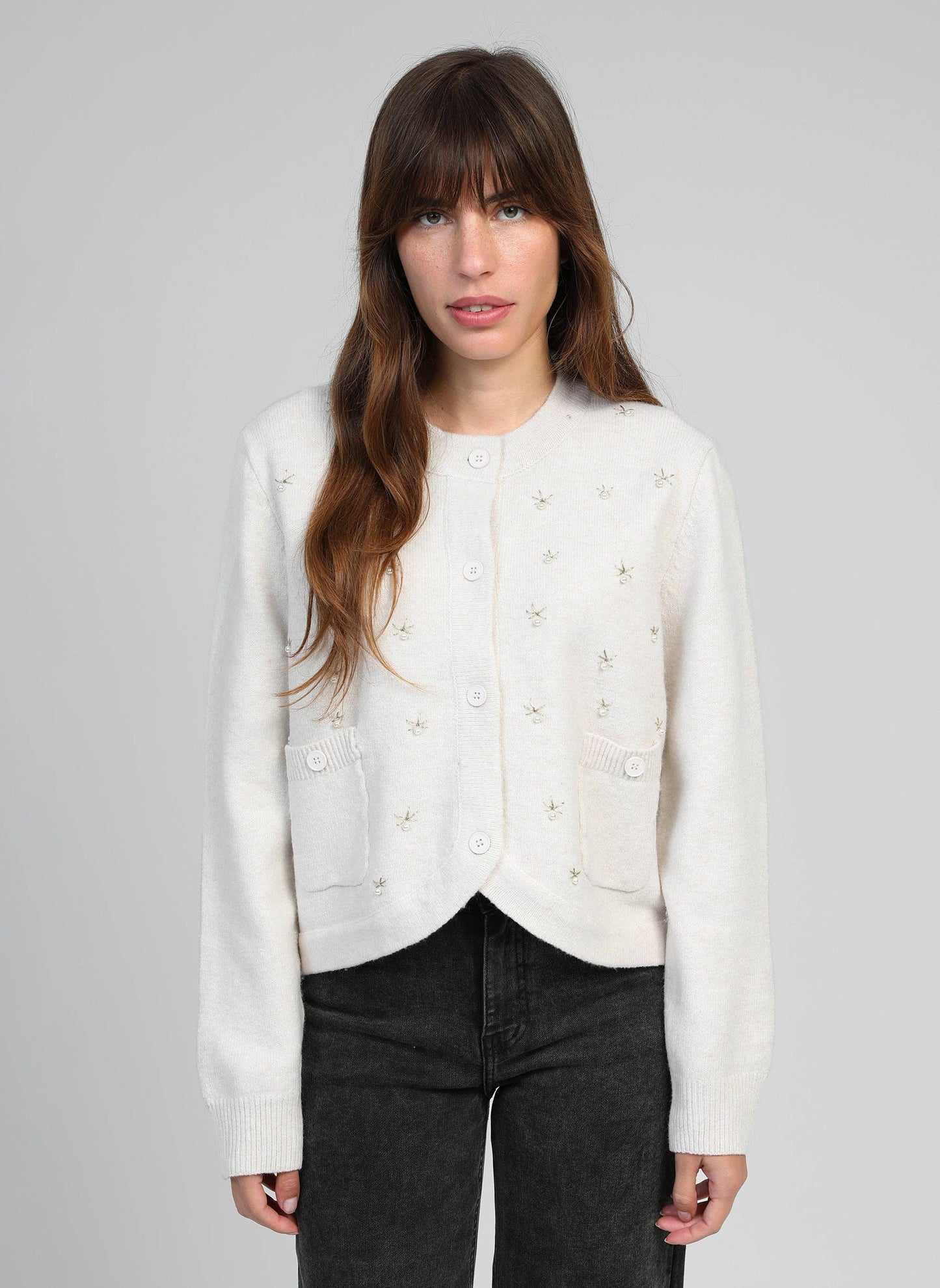 Cardigan Natalia écru con ricamo di perle