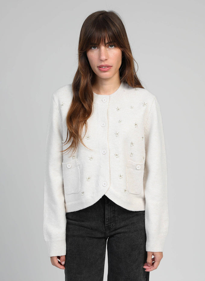 Cardigan Natalia écru con ricamo di perle