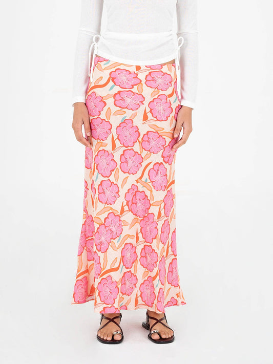 Gonna maxi floreale rosa in lino