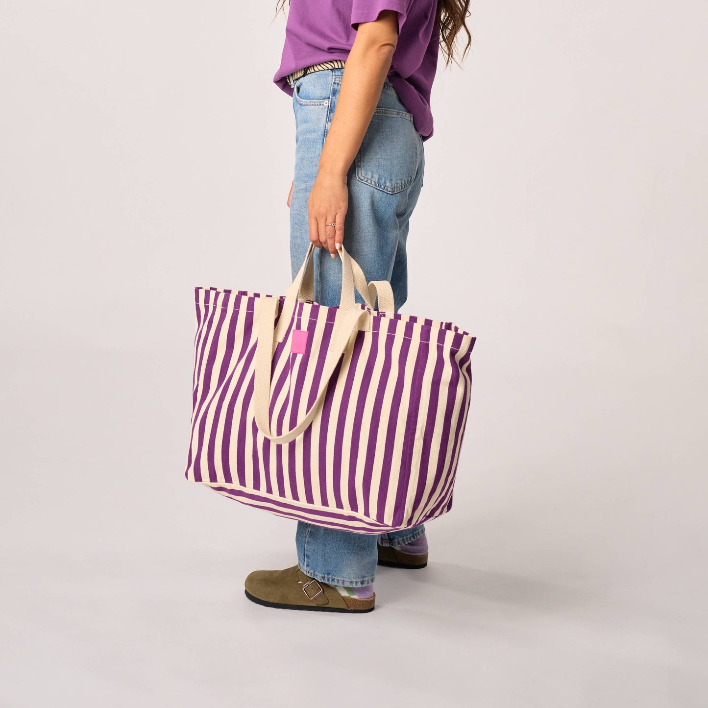 Borsa shopper in cotone biologico a righe viola ed écru