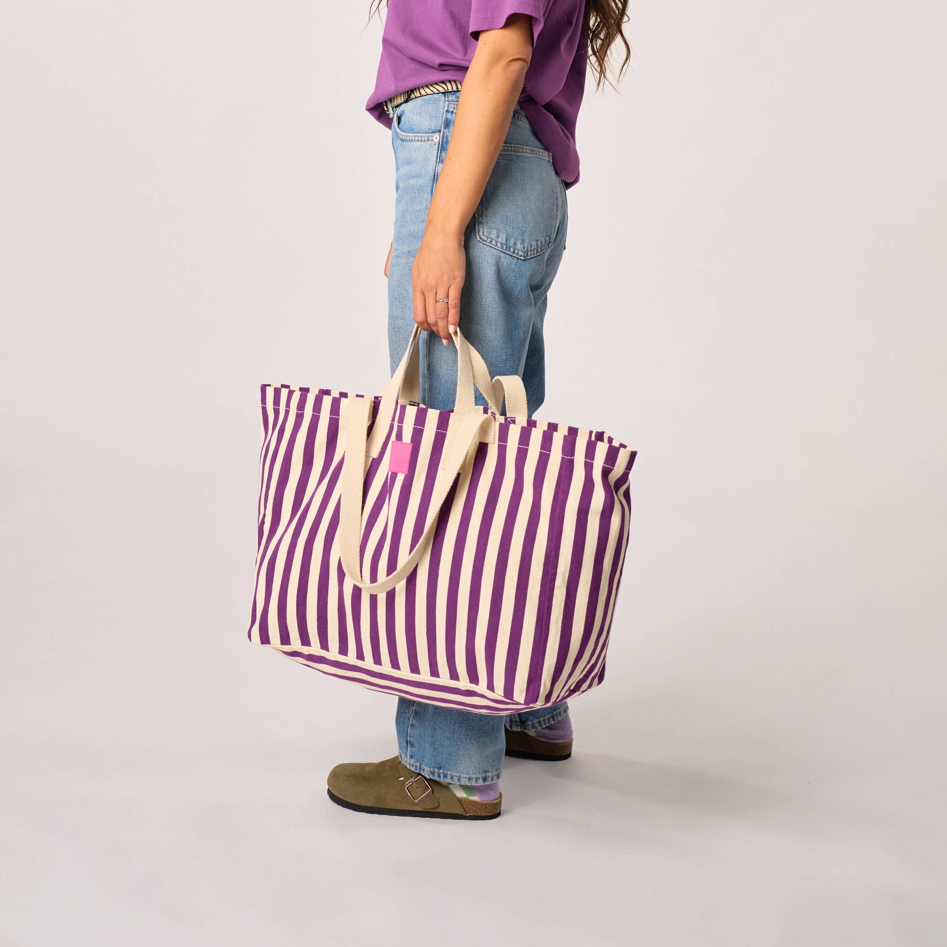Borsa shopper in cotone biologico a righe viola ed écru