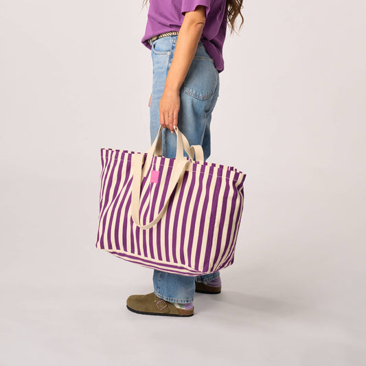 Borsa shopper in cotone biologico a righe viola ed écru