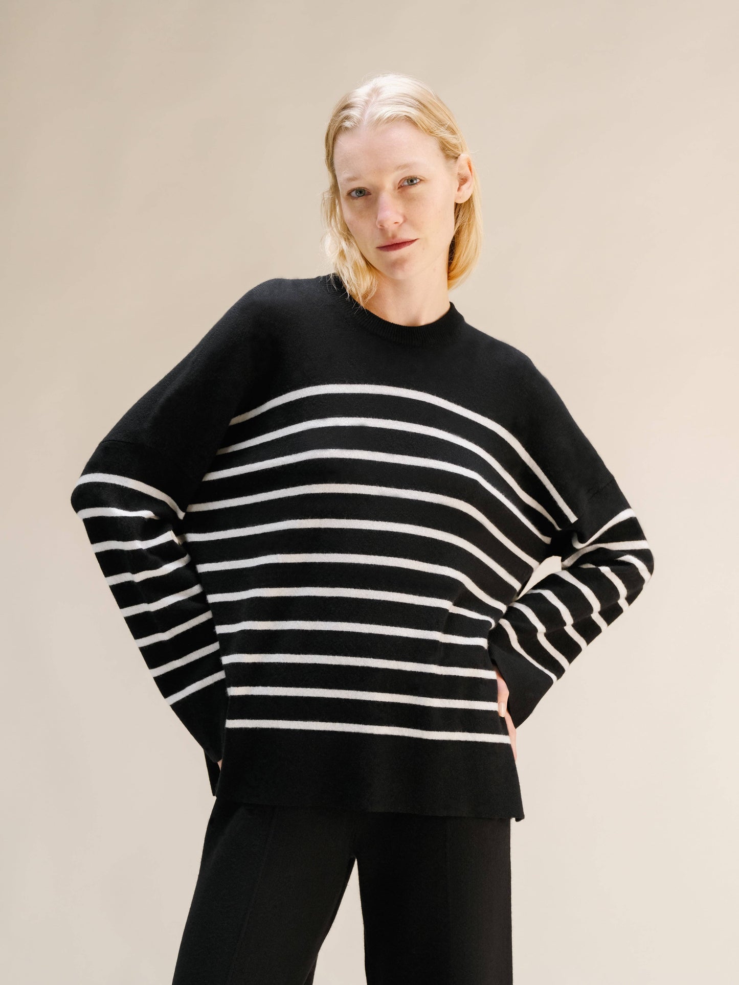 Maglione Girocollo Oversize a Righe in Misto Cashmere