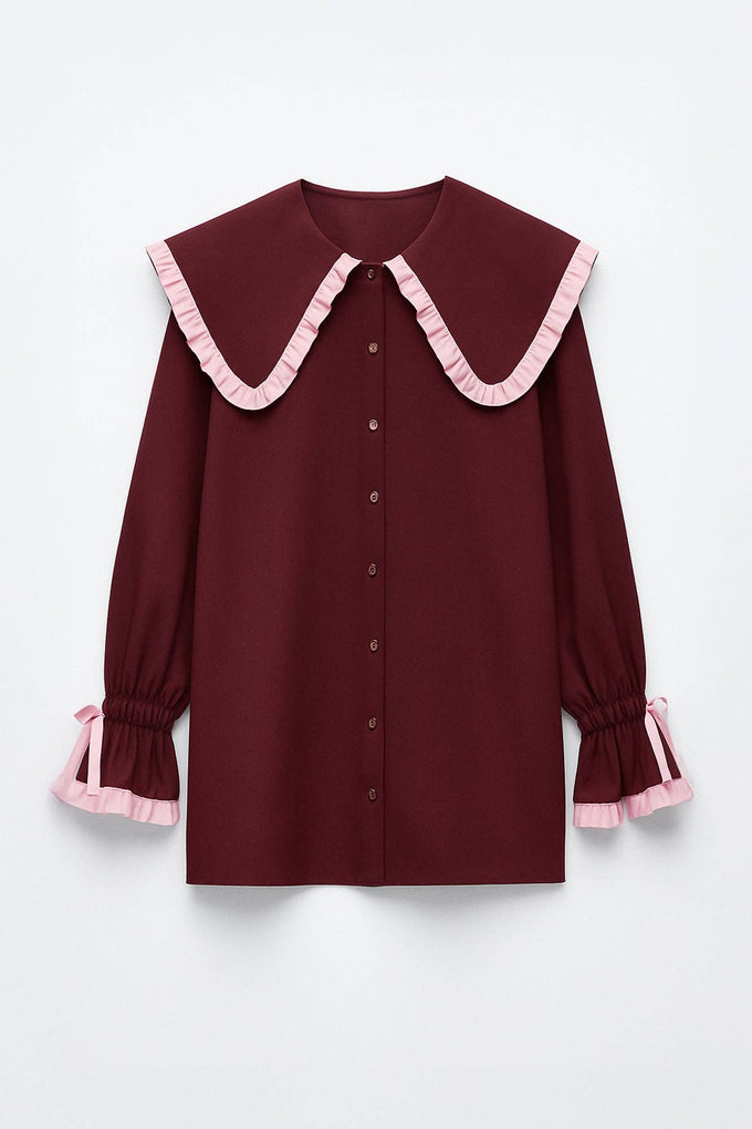 Camicia bordeaux con maxi colletto a contrasto e volant