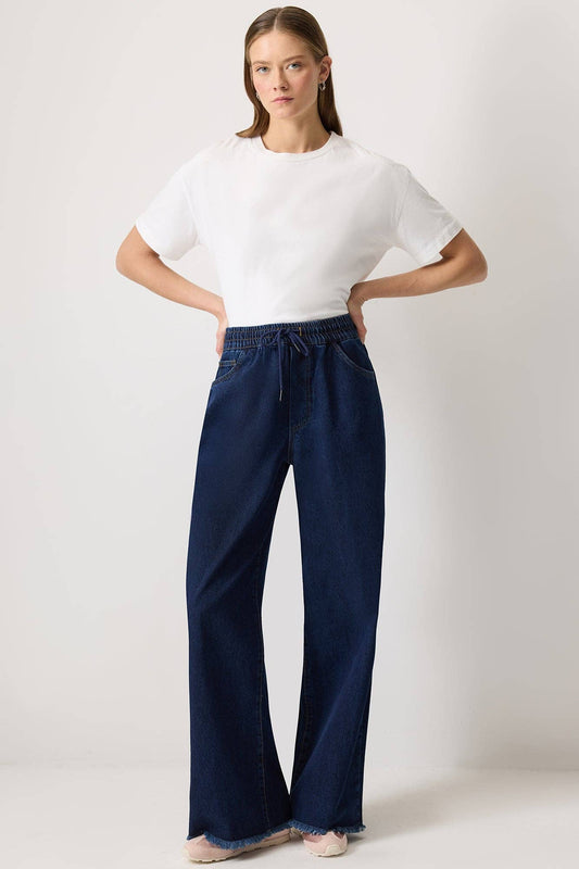 Pantaloni denim wide leg con vita elasticizzata