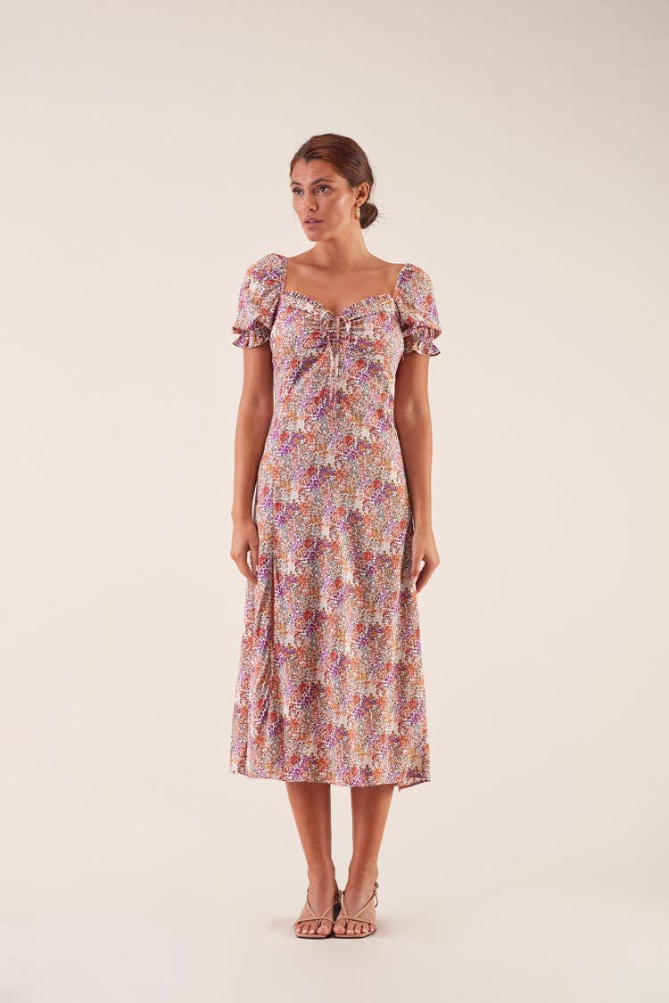 Vestito midi floreale con maniche a sbuffo