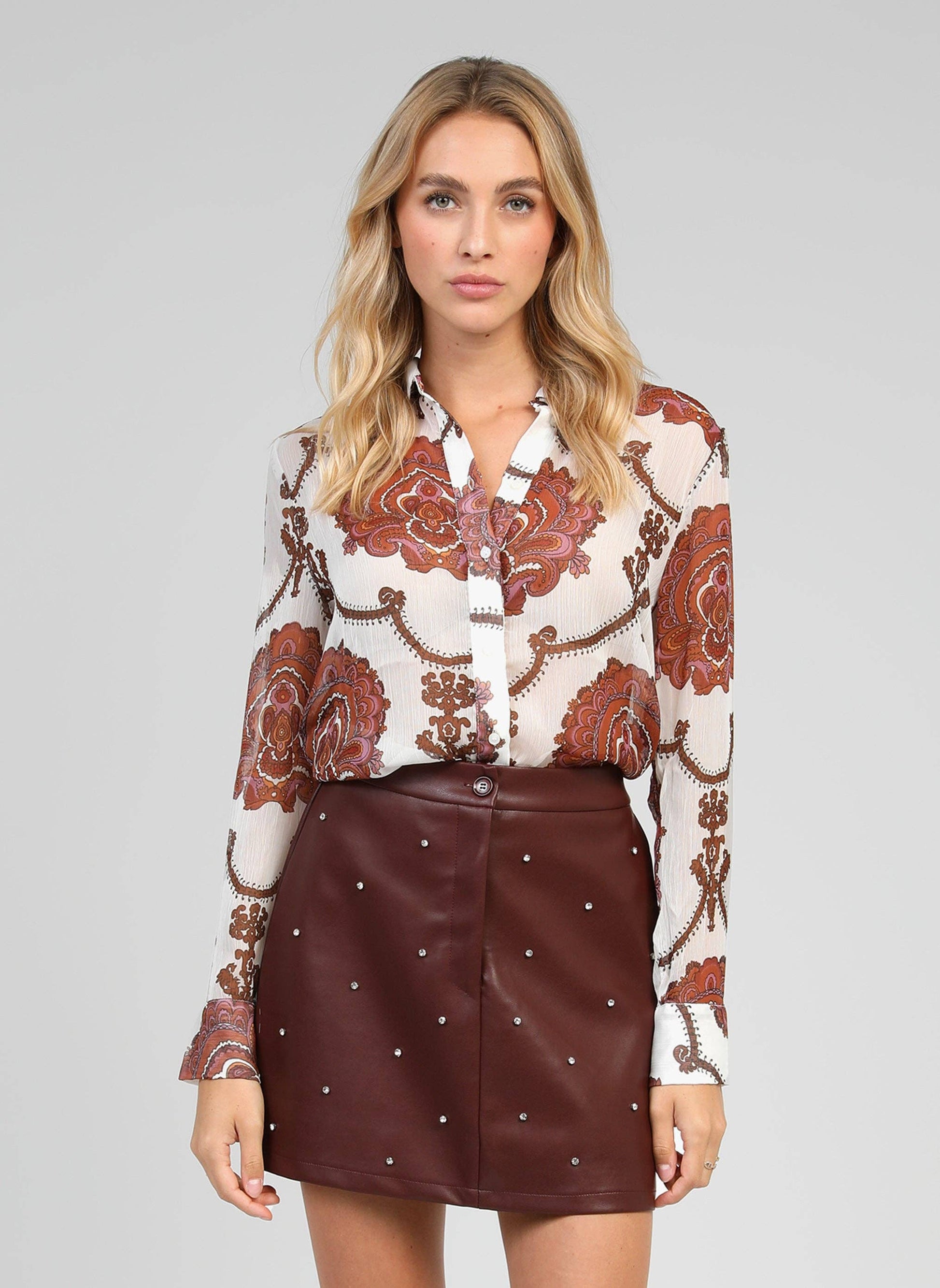 Camicia boho écru trasparente stampata