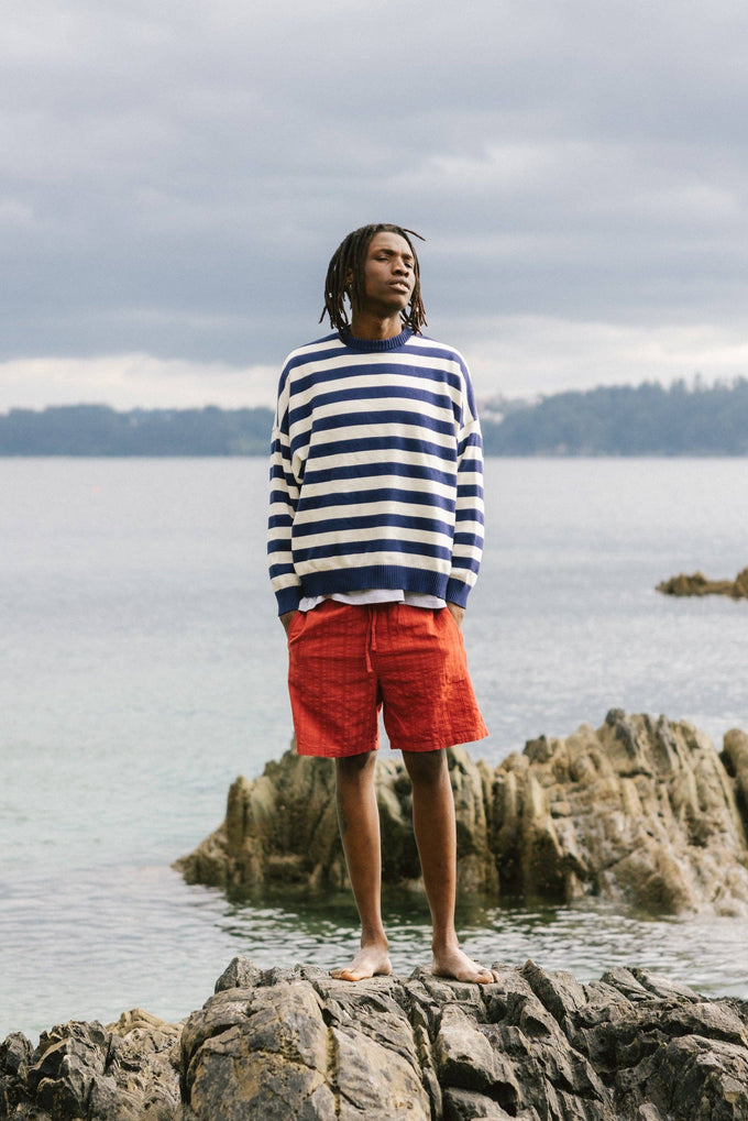 Maglione a righe navy in cotone biologico