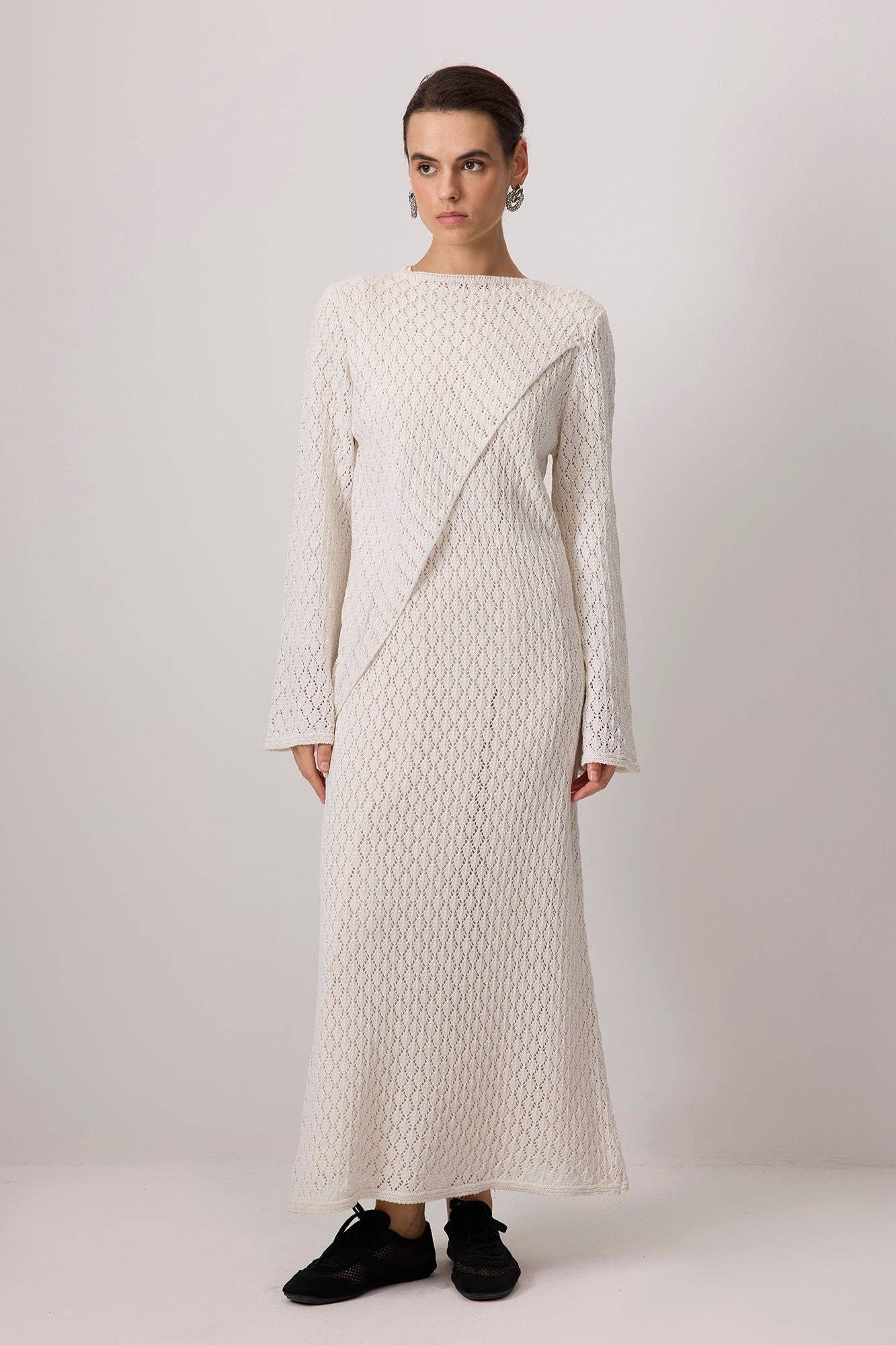 Abito maxi in cotone ricamato avorio