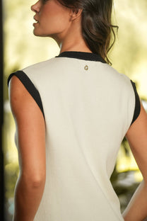 Abito midi in cotone con scollo a V e profili a contrasto