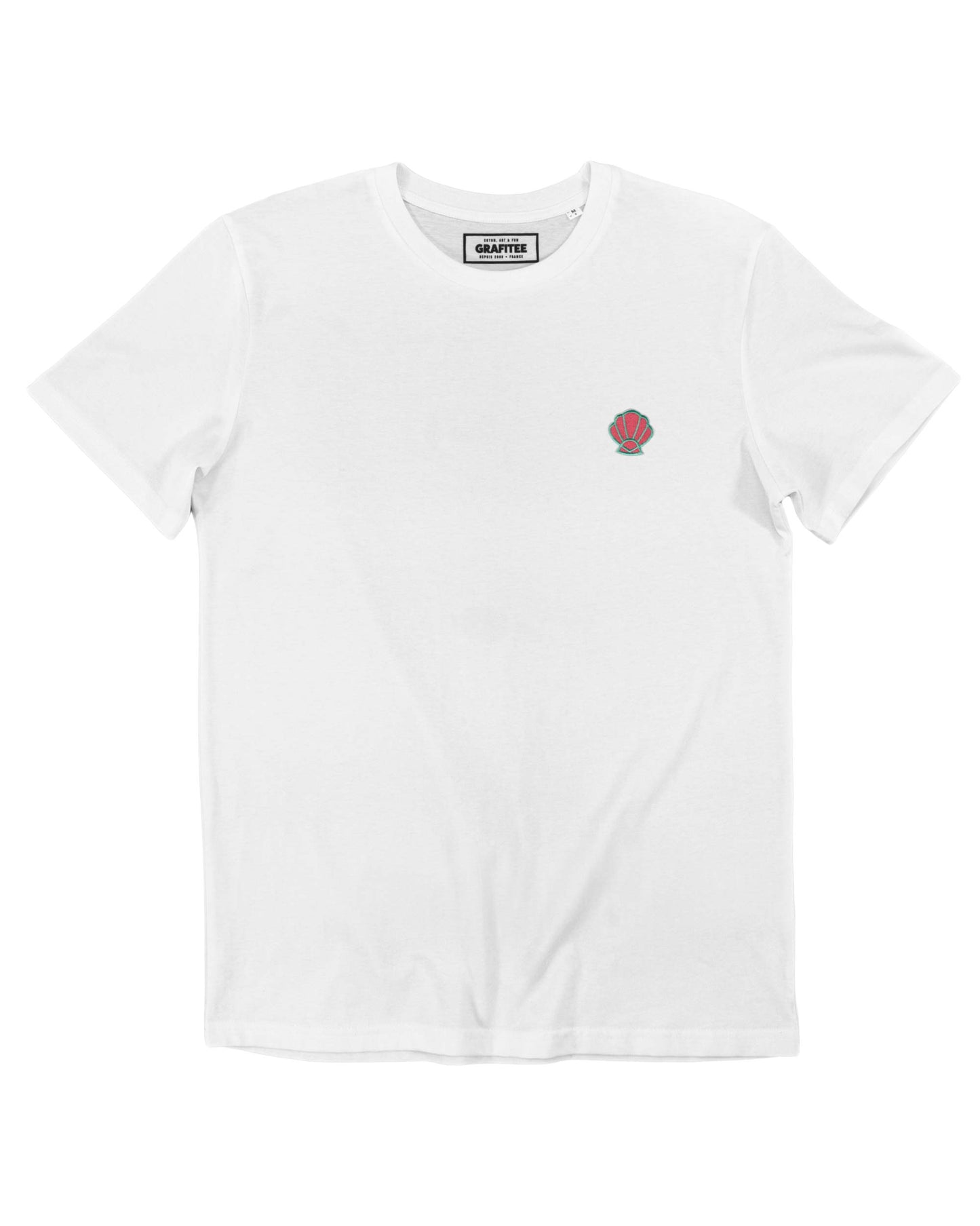 T-shirt bianca in cotone biologico con patch conchiglia ricamata