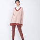 Maglione bicolore a coste con scollo a V