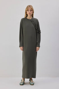 Abito in maglia lungo arricciato color cachi