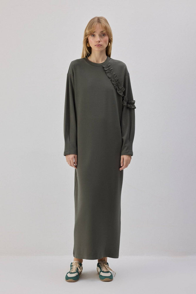 Abito in maglia lungo arricciato color cachi