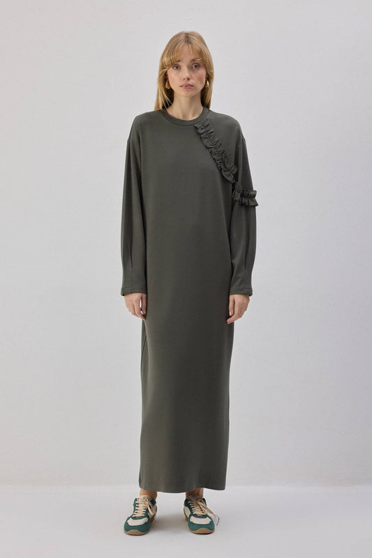 Abito in maglia lungo arricciato color cachi
