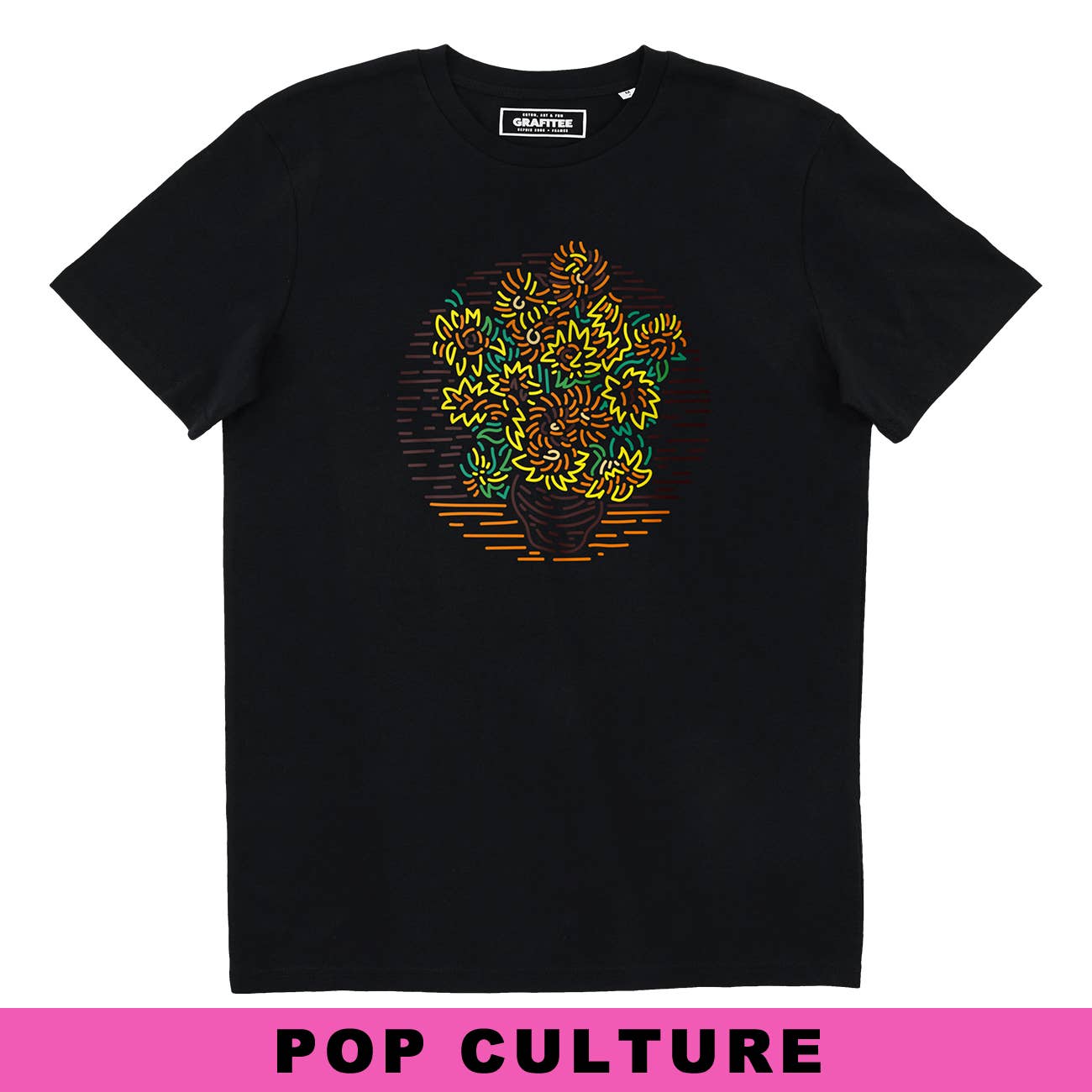 T-shirt artistica con girasoli in cotone biologico