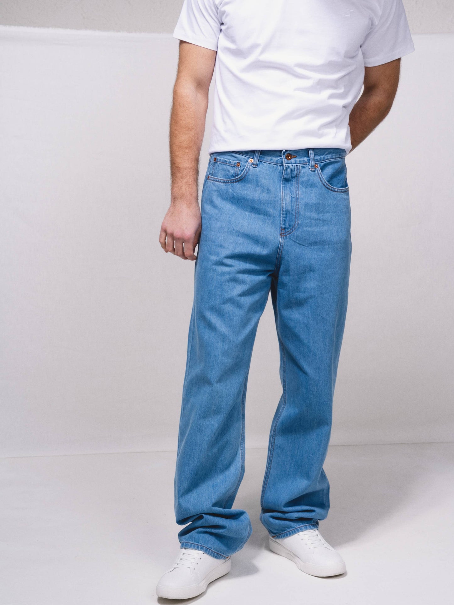Jeans dritti in cotone a vita alta 5 tasche