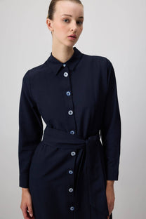 Abito camicia midi in popeline blu navy con cintura