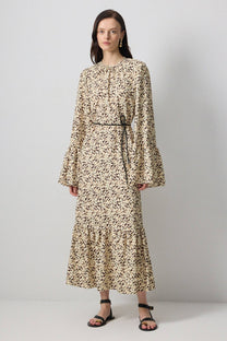 Abito lungo animalier con cintura in ecopelle