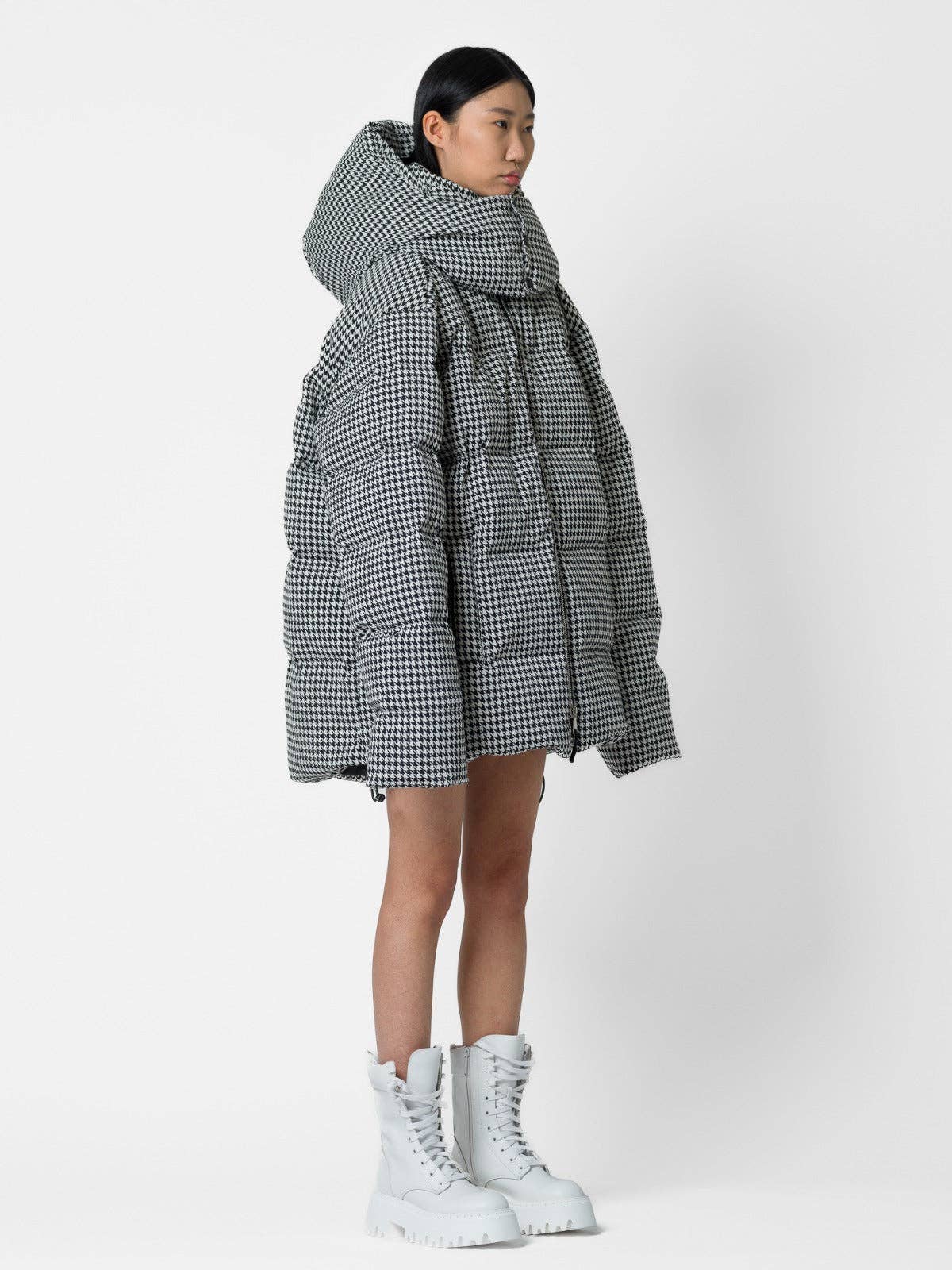 Bomber oversize pied de poule con cappuccio removibile