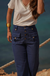 Pantaloni in twill a vita alta con bottoni
