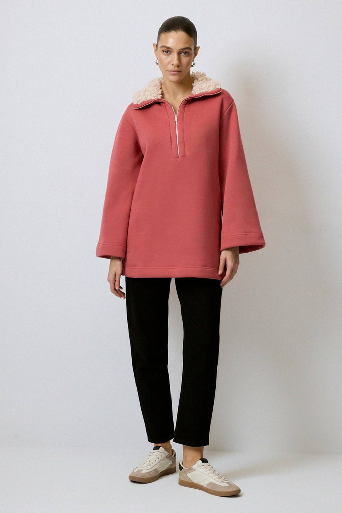 Felpa oversize con colletto in pelliccia sintetica e mezza zip in cotone