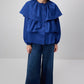 Blusa corta indaco con balze e maniche a sbuffo in cotone misto