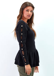 Maglia peplum con inserti in pizzo e bottoni