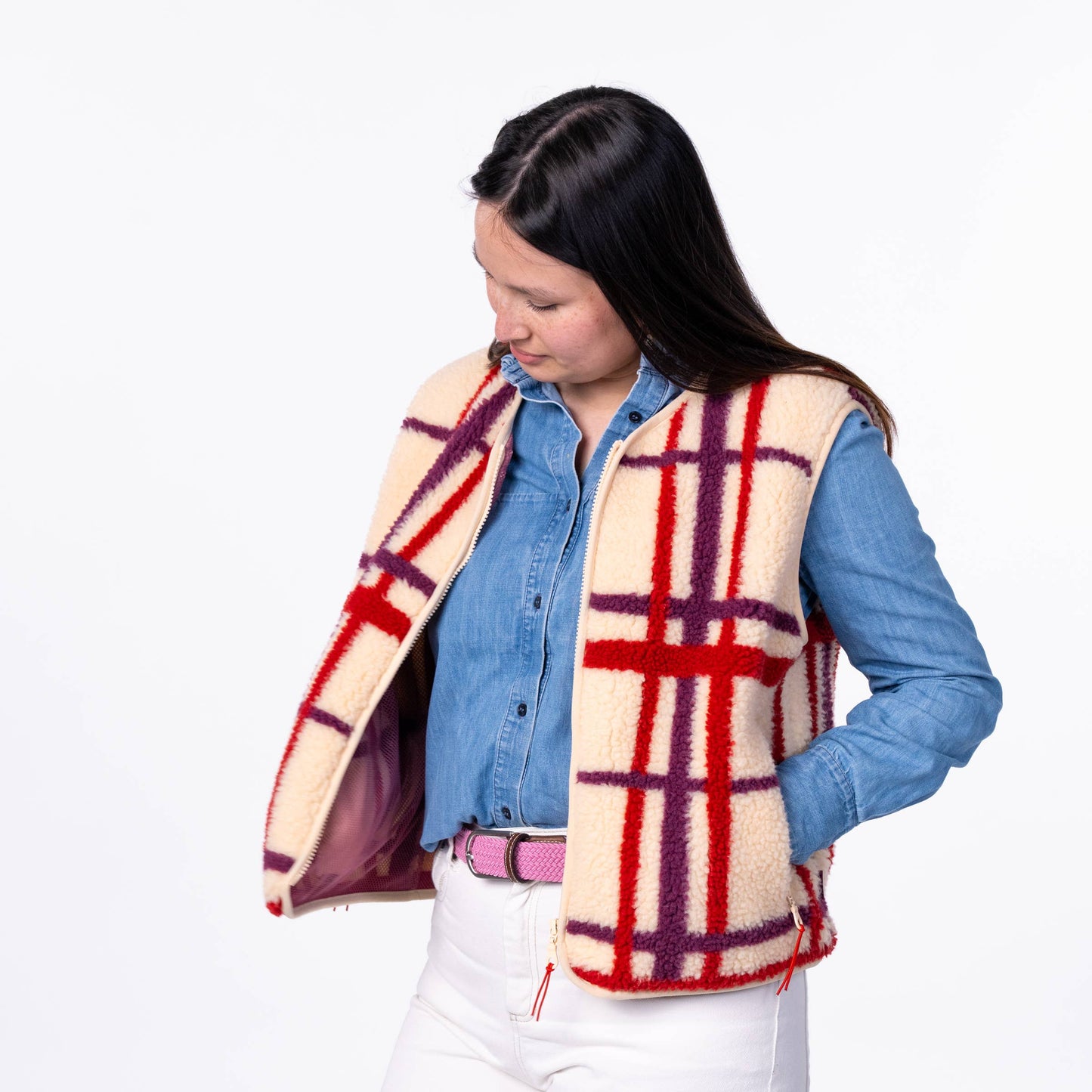 Gilet donna sherpa a quadri con zip