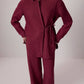 Completo in lino bordeaux con camicia con cintura e pantaloni wide-leg