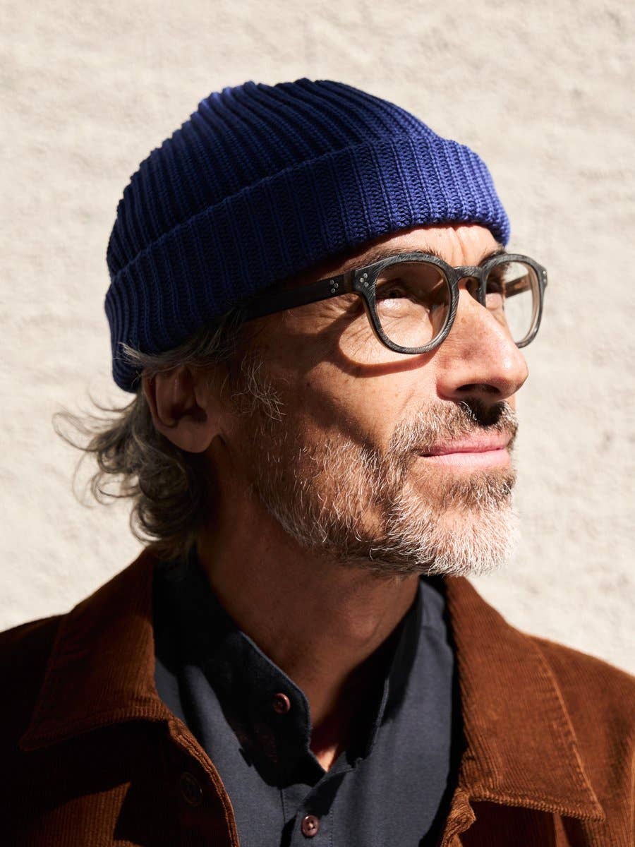 Cappello beanie in lana merino blu a coste