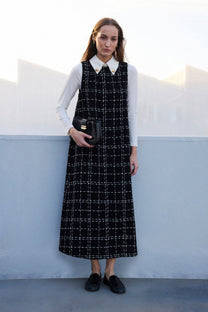 Abito gilet in tweed a quadri con colletto a camicia