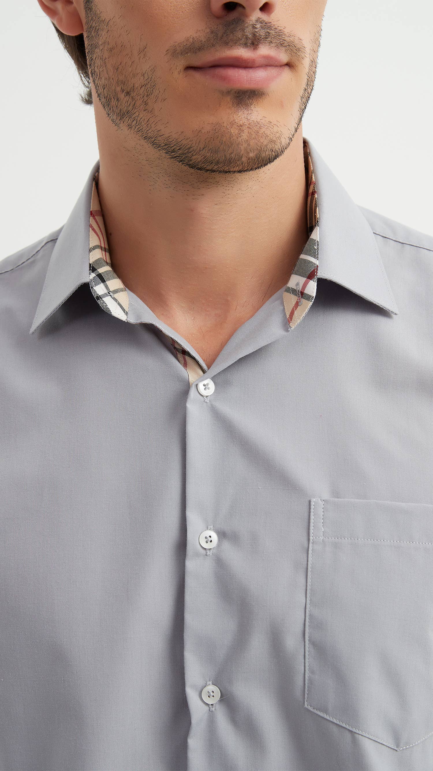 Camicia uomo grigia easy iron con collo francese e dettagli tartan