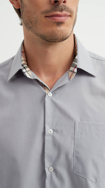 Camicia uomo grigia easy iron con collo francese e dettagli tartan